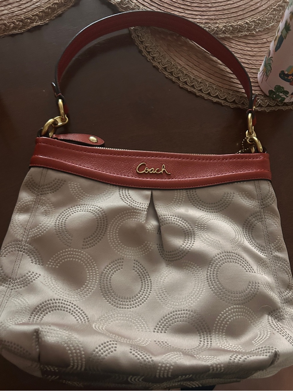 Coach Cream Shoulder Bag with Burnt Orange leather trim.